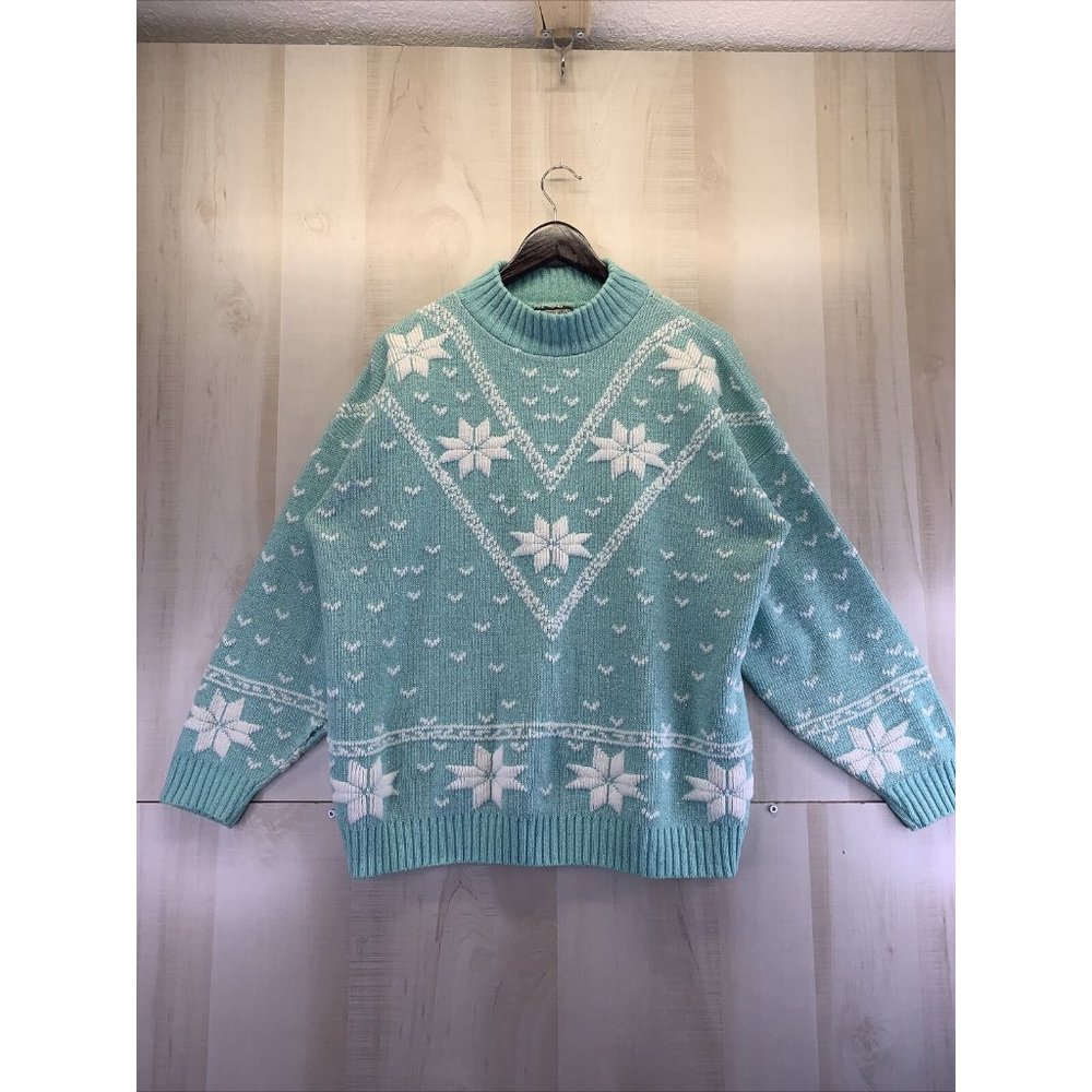 Vintage 1980-90s Jennifer Adams Teal Snowflake Knit Glitter Sweater Made USA-